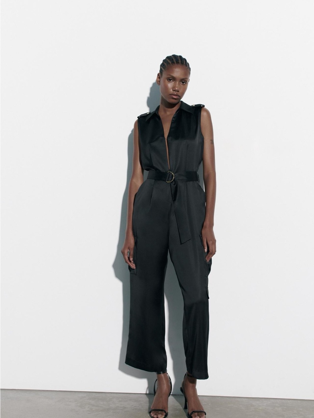 Zara Black Sleeveless Utility Jumpsuit with Belted Waist